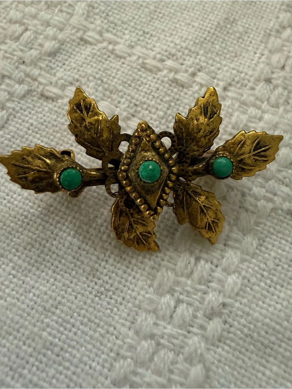 Vintage French Gold-Tone Leaf Brooch with Green Stones 1950s